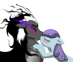 Size: 708x598 | Tagged: safe, artist:mickeymonster, king sombra, sapphire joy, umbrum, g4, a better ending for sombra, eyes closed, heartwarming, heartwarming in hindsight, kissing, shipping, sombrajoy