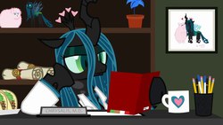 Size: 1280x720 | Tagged: safe, artist:mixermike622, queen chrysalis, oc, oc:fluffle puff, g4, clothes, desk, fluffle horse m.d., house m.d., taco