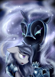 Size: 1600x2240 | Tagged: safe, artist:baldmoose, nightmare moon, oc, g4, armor, crying, ethereal mane, floppy ears, frown, hug, sad