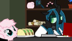 Size: 1280x720 | Tagged: safe, artist:mixermike622, queen chrysalis, oc, oc:fluffle puff, g4, clothes, desk, fluffle horse m.d., house m.d., taco