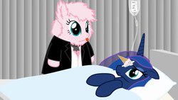 Size: 1280x720 | Tagged: safe, artist:mixermike622, princess luna, oc, oc:fluffle puff, alicorn, pony, g4, :p, clothes, context is for the weak, cute, floppy ears, fluffle horse m.d., frown, hospital, house m.d., ice cream, ice cream cone, lupus, on back, sad, stubble, tongue out, youtube link