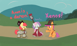 Size: 1511x900 | Tagged: artist needed, source needed, safe, apple bloom, scootaloo, sweetie belle, g4, argument, cutie mark crusaders, grey knights, inquisition, inquisitor, warhammer (game), warhammer 40k