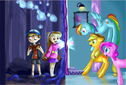 Size: 1024x695 | Tagged: safe, artist:blossombonyumyum, applejack, pinkie pie, rainbow dash, g4, crossover, dipper pines, gravity falls, journal #3, mabel pines, male