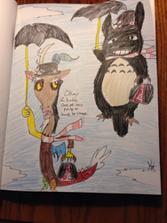 Size: 2448x3264 | Tagged: safe, artist:hazeltail55, discord, g4, twilight's kingdom, clothes, high res, mary poppins, scarf, totoro, traditional art, umbrella