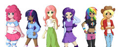 Size: 1024x392 | Tagged: safe, artist:lilnanny, applejack, fluttershy, pinkie pie, rainbow dash, rarity, twilight sparkle, human, g4, belly button, clothes, dark skin, humanized, long skirt, mane six, simple background, skirt, twilight sparkle (alicorn), white background