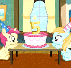 Size: 271x259 | Tagged: safe, edit, edited screencap, screencap, cheese sandwich, rose petal, rosy gold, earth pony, pony, unicorn, g4, pinkie pride, animated, birthday cake, cake, female, filly, flapping, foal, fuck physics, gravity, noodle arms, perspective flip, stabilized, wiggle