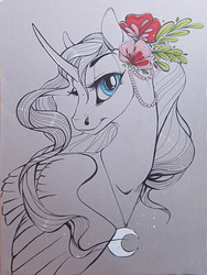 Size: 1280x1704 | Tagged: safe, artist:casynuf, princess luna, g4, female, flower, solo, traditional art