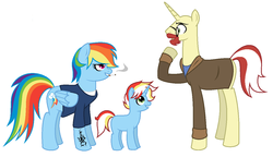 Size: 1246x716 | Tagged: safe, artist:unoriginai, pony, unicorn, alternate hairstyle, breaking bad, cigarette, clothes, crossover, crossover shipping, jacket, offspring, parent:flam, parent:rainbow dash, smoking, t-shirt, walter white