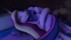 Size: 1280x720 | Tagged: safe, artist:fruitymilk, princess cadance, twilight sparkle, g4, 3d, bed, cuddling, duo, eyes closed, female, height difference, hug, infidelity, lesbian, on back, ship:twidance, shipping, sleeping, smiling, snuggling, younger