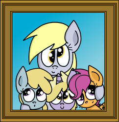 Size: 505x519 | Tagged: safe, artist:graciegirl328, chirpy hooves, derpy hooves, dinky hooves, scootaloo, pegasus, pony, g4, cute, equestria's best mother, family photo, female, mare, smiling