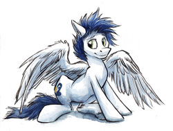 Size: 756x571 | Tagged: safe, artist:kenket, soarin', g4, large wings, male, messy mane, sitting, solo