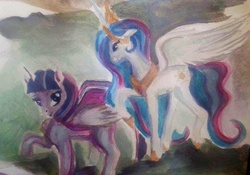 Size: 615x431 | Tagged: safe, artist:yurigirl4eva, princess celestia, twilight sparkle, alicorn, pony, g4, female, mare, traditional art, twilight sparkle (alicorn)