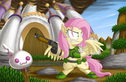 Size: 1200x776 | Tagged: safe, artist:berrypawnch, angel bunny, fluttershy, pegasus, pony, g4, angry, armor, bandaid, belt, bipedal, body armor, canterlot, crossover, doom, doom guy, female, gate, glare, gritted teeth, gun, injured, mare, parody, popsicle, ruins, shotgun, spread wings, tape, weapon, wide eyes
