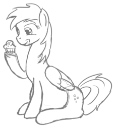 Size: 743x821 | Tagged: safe, artist:patch, derpy hooves, pegasus, pony, g4, belly, eating, female, happy, hoof hold, mare, monochrome, muffin, pregnant, sitting, sketch, smiling, solo