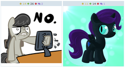 Size: 515x278 | Tagged: safe, artist:iamnotapegasus, artist:thesavederpyfoundation, octavia melody, oc, oc:nyx, alicorn, pony, derpibooru, g4, alicorn oc, computer, female, juxtaposition, meta, nyx hate, rage, screen punch, smashing