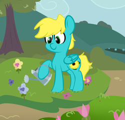 Size: 2035x1953 | Tagged: safe, artist:flaminbunny, oc, oc only, oc:autumn breeze, pegasus, pony, flower, gardening, green eyes, outdoors, solo, sunflower