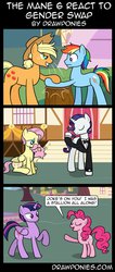 Size: 583x1371 | Tagged: safe, artist:drawponies, applejack, fluttershy, pinkie pie, rainbow dash, rarity, twilight sparkle, alicorn, pony, g4, applejack (male), butterscotch, comic, dusk shine, elusive, mane six, prince dusk, rainbow blitz, rule 63, twilight sparkle (alicorn), wingless