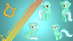 Size: 1920x1080 | Tagged: safe, lyra heartstrings, pony, unicorn, g4, abstract background, bipedal, female, foam finger, lyre, mare, musical instrument, open mouth, raised hoof, smiling, solo, wallpaper