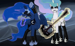 Size: 1280x800 | Tagged: safe, artist:arareroll, princess celestia, princess luna, alicorn, pony, g4, badass, black metal, clothes, corpse paint, eyes closed, female, guitar, looking at you, magic, makeup, mare, metal, microphone, open mouth, singing, smiling, spikes, stockings, telekinesis, underhoof
