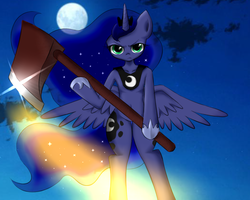 Size: 1000x800 | Tagged: safe, artist:dobado, princess luna, pony, g4, axe, bipedal, female, pixiv, solo