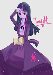 Size: 2480x3507 | Tagged: safe, artist:fanfan, twilight sparkle, human, g4, book, clothes, female, high res, horn, horned humanization, humanized, long skirt, pixiv, pony coloring, simple background, skirt, solo, tailed humanization