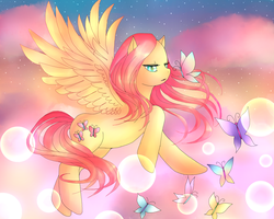 Size: 2478x1984 | Tagged: safe, artist:renrensnow, fluttershy, butterfly, g4, cloud, cloudy, female, sky, solo, stars