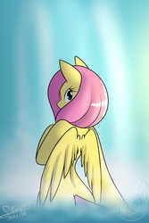 Size: 1000x1500 | Tagged: safe, artist:silverfox057, fluttershy, pegasus, semi-anthro, g4, female, looking at you, looking back, looking back at you, rear view, signature, solo, waterfall, wings