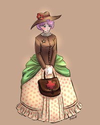 Size: 1024x1280 | Tagged: dead source, safe, artist:mikakitty, fluttershy, human, g4, bag, brown background, clothes, dress, female, hat, humanized, medic, simple background, solo, wild west