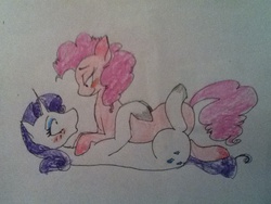Size: 960x720 | Tagged: artist needed, source needed, safe, pinkie pie, rarity, g4, blushing, cuddling, female, lesbian, ship:raripie, shipping, snuggling, traditional art