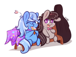 Size: 825x624 | Tagged: dead source, safe, artist:dsp2003, octavia melody, trixie, earth pony, pony, unicorn, g4, bench, cello, chibi, heart, horn, ice cream, licking, musical instrument, simple background, style emulation, transparent background