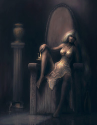 Size: 808x1041 | Tagged: safe, artist:zmok, princess celestia, human, g4, barefoot, dark, feet, female, humanized, sitting, solo, throne