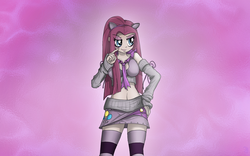 Size: 1262x789 | Tagged: safe, artist:malifikyse, pinkie pie, human, g4, clothes, female, humanized, miniskirt, pinkamena diane pie, skirt, socks, solo, striped socks, thigh highs