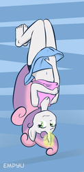 Size: 443x900 | Tagged: safe, artist:empyu, sweetie belle, anthro, plantigrade anthro, g4, barefoot, belly button, black underwear, breasts, cleavage, clothes, covering, feet, female, gravity, legs, magic, midriff, miniskirt, modesty, panties, physics, skirt, skirt flip, smirk, solo, tank top, underwear, upside down