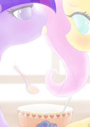 Size: 1400x1977 | Tagged: safe, artist:sigpi, fluttershy, twilight sparkle, g4, eating, female, ice cream, lesbian, pixiv, ship:twishy, shipping