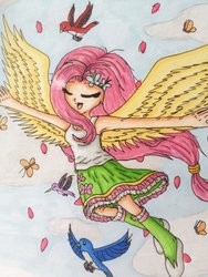 Size: 1024x1365 | Tagged: safe, artist:everdreamyartist, fluttershy, equestria girls, g4, female, flying, humanized, solo, traditional art, winged humanization