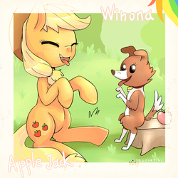 Size: 1000x1000 | Tagged: safe, artist:coldbest, applejack, winona, pony, g4, behaving like a dog, eyes closed, playing, silly, silly pony, tongue out