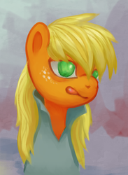 Size: 787x1077 | Tagged: safe, artist:kaermter, applejack, earth pony, pony, g4, alternate hairstyle, bust, clothes, female, hatless, jappleack, loose hair, missing accessory, no pupils, solo, tongue out