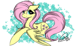 Size: 1484x893 | Tagged: safe, artist:php41, derpibooru exclusive, fluttershy, g4, female, looking at you, lying, simple background, smiling, solo