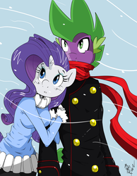 Size: 2550x3280 | Tagged: safe, artist:amostheartman, rarity, spike, dragon, unicorn, anthro, g4, clothes, female, high res, male, ship:sparity, shipping, snow, straight