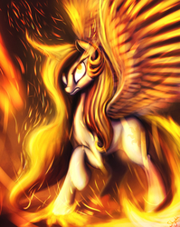 Size: 1017x1280 | Tagged: safe, artist:shydale, idw, princess celestia, g4, angry, female, fire, prime celestia, solo