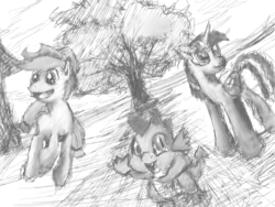 Size: 1600x1200 | Tagged: safe, artist:nekokevin, applejack, spike, twilight sparkle, alicorn, pony, g4, female, mare, monochrome, twilight sparkle (alicorn)