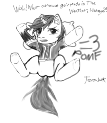 Size: 1000x1150 | Tagged: safe, artist:tentajack, oc, oc only, oc:homage, oc:littlepip, pony, unicorn, fallout equestria, bed, black and white, clothes, dialogue, fanfic, fanfic art, grayscale, hooves, horn, jumpsuit, male, monochrome, on bed, open mouth, pillow, pipbuck, pipleg, pomf, rule 63, simple background, sketch, solo, text, vault suit, what are we gonna do on the bed?, white background