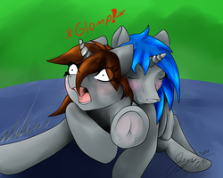 Size: 2500x2000 | Tagged: safe, artist:thunder-stream, oc, oc only, oc:homage, oc:littlepip, pony, unicorn, fallout equestria, blushing, duo, eyes closed, fanfic, fanfic art, female, glomp, high res, hooves, horn, hug, lesbian, lying down, mare, oc x oc, open mouth, prone, ship:pipmage, shipping, smiling, teeth, underhoof