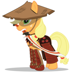Size: 1140x1121 | Tagged: safe, artist:cxfantasy, applejack, g4, armor, asian conical hat, brigandine, female, hat, japanese, mouth hold, samurai, simple background, solo, sword, transparent background, vector, weapon