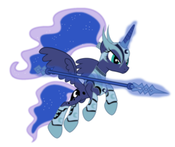 Size: 1076x905 | Tagged: safe, artist:cxfantasy, princess luna, alicorn, pony, g4, alternate hairstyle, armor, female, flying, levitation, magic, mare, ponytail, serious, simple background, solo, spear, spread wings, telekinesis, transparent background, vector, warrior luna, weapon