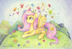 Size: 604x406 | Tagged: safe, artist:freesavanna, fluttershy, butterfly, g4, female, lying, solo, traditional art