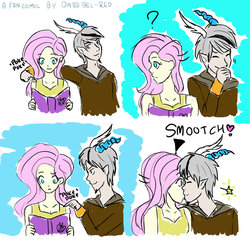 Size: 1178x1156 | Tagged: safe, artist:darebel-red, discord, fluttershy, human, g4, female, horn, horned humanization, humanized, kissing, male, ship:discoshy, shipping, straight