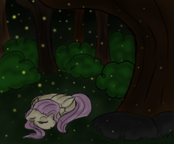 Size: 800x665 | Tagged: safe, artist:darebel-red, fluttershy, firefly (insect), insect, g4, female, forest, sleeping, solo, tree