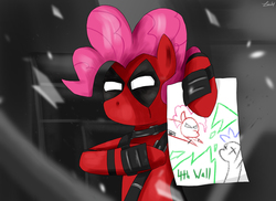 Size: 2750x2000 | Tagged: safe, artist:mlj-lucarias, pinkie pie, g4, clothes, cosplay, costume, crossover, deadpool, female, fourth wall, high res, marvel, pinkiepool, solo
