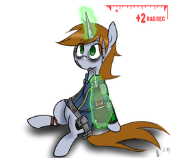 Size: 745x686 | Tagged: safe, artist:fullmetalpikmin, oc, oc only, oc:littlepip, pony, unicorn, fallout equestria, bags under eyes, clothes, drinking, fallout, fanfic, fanfic art, female, geiger counter, glowing horn, hooves, horn, jumpsuit, levitation, magic, mare, nuka cola, pipbuck, radiation, radiation poisoning, simple background, sitting, solo, straw, telekinesis, vault suit, white background, wide eyes